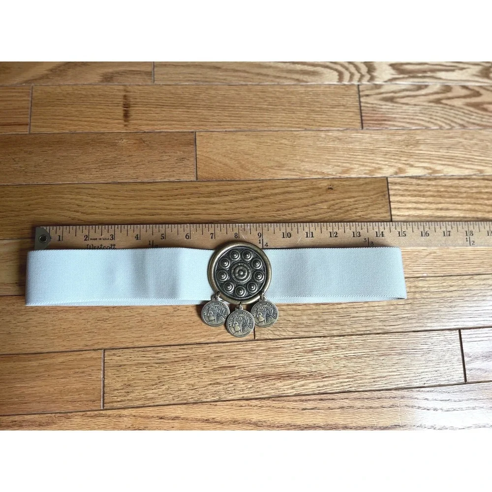 Vintage Made in USA Elastic Cinch Belt Large Off White Brass French Coin Charms